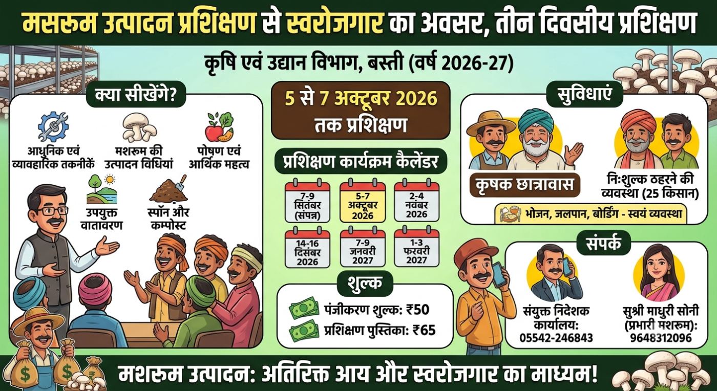 मशरूम उत्पादन प्रशिक्षण से स्वरोजगार का अवसर, तीन दिवसीय प्रशिक्षण आज से
