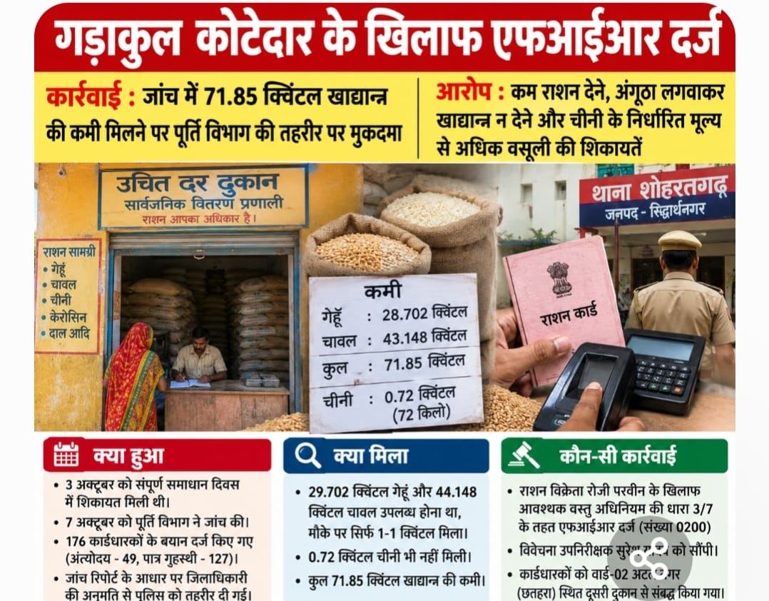 गड़ाकुल कोटेदार के खिलाफ एफआईआर, जांच में 71.85 क्विंटल खाद्यान्न कम मिला