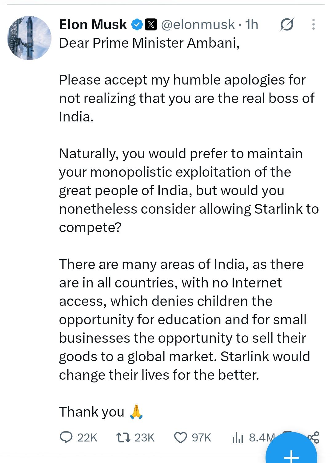 एलन मस्क का अंबानी पर तंज, ‘डियर प्राइम मिनिस्टर अंबानी’ कहकर उठाया एकाधिकार का मुद्दा